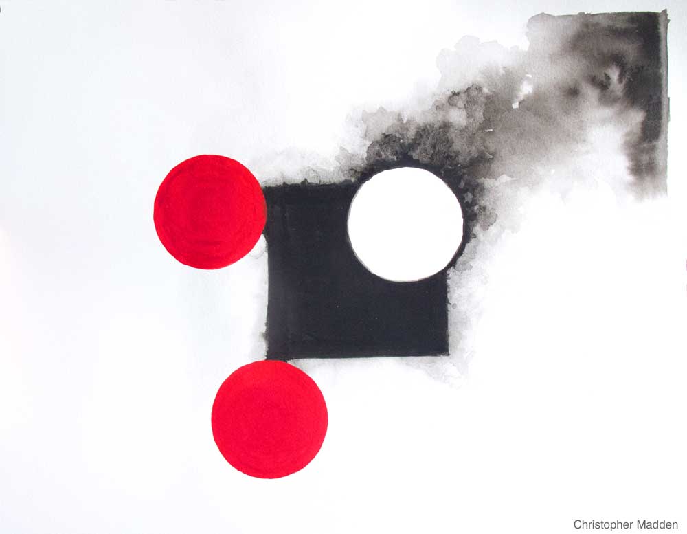 contemporary watercolour and gouache abstract art - black square with red circles