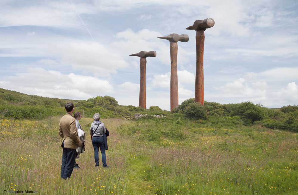 Contemporary sculpture in the landscape - oversized hammers Contemporary sculpture in the landscape Cornwall - hammers