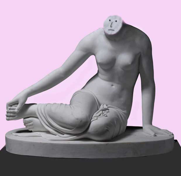 Humorous contemporary artwork - a classical statue with a cartoon head