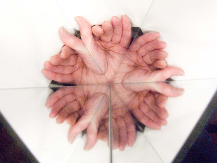 contemporary art - metamorphosis of a hand into an alien by multiple reflection contemporary art - metamorphosis of a hand into sinister alien life-forms by reflection
