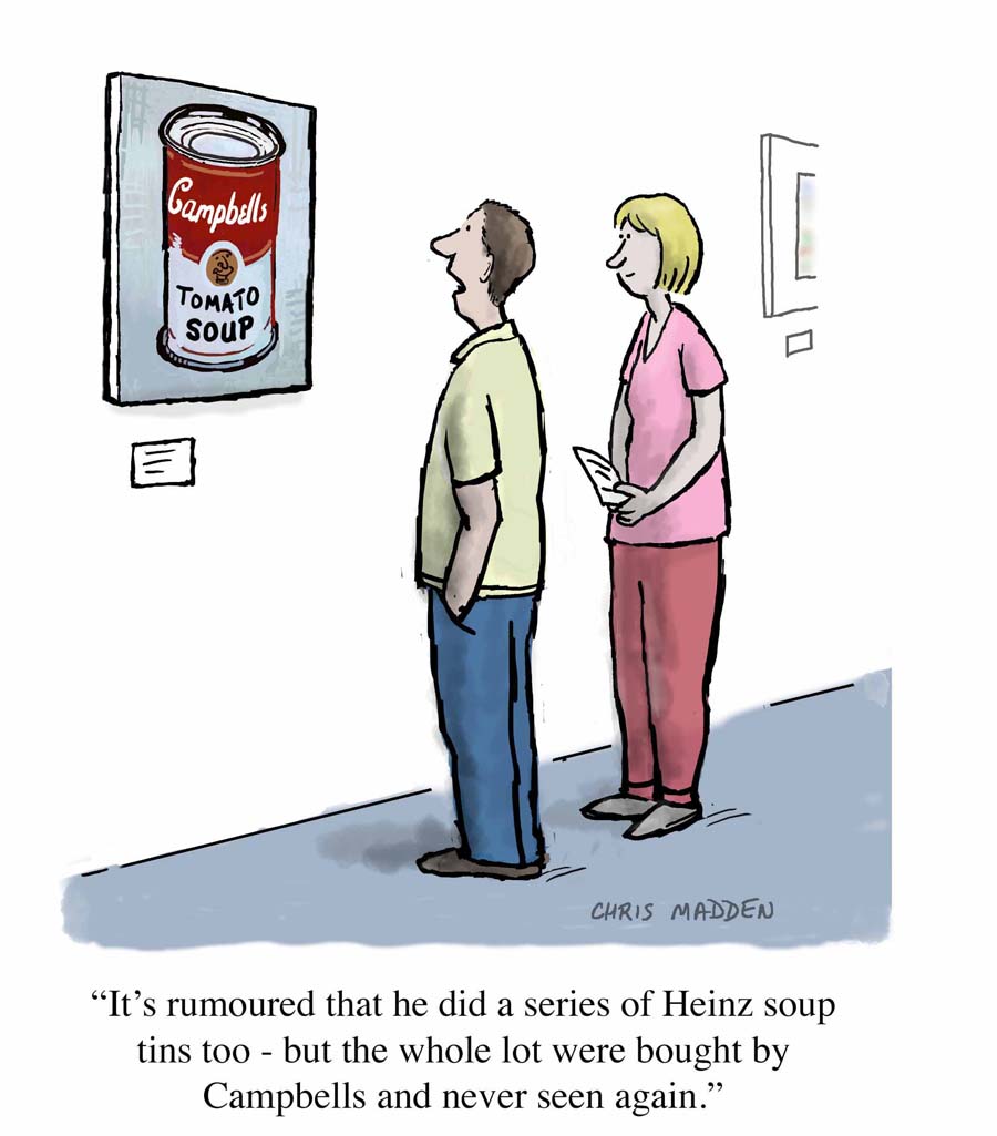 Contemporary art humour - Andy Warhol soup tins cartoon