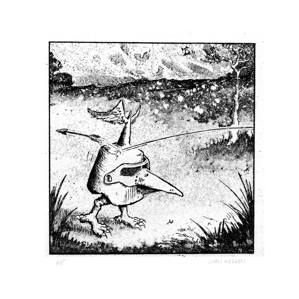 Humorous etching of a. bird in an armour helmet